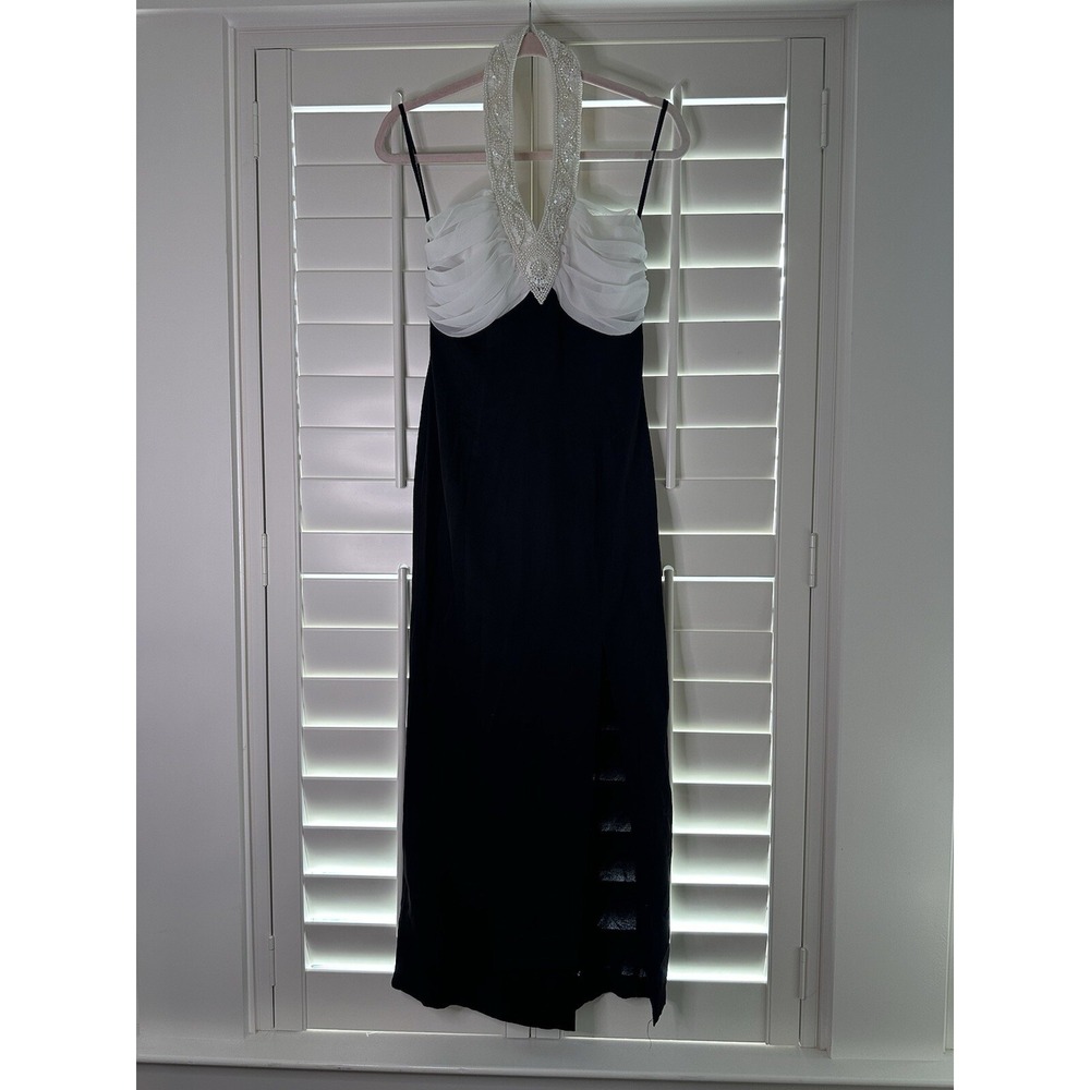Bari Jay Black White Jeweled‎ Halter Prom Bridesmaid Cocktail Evening Dress 6